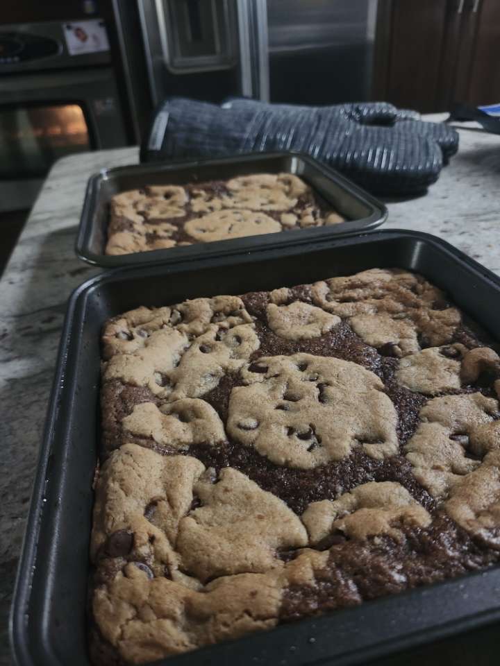 Fresh eggless brookies in baking pans